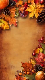 Golden autumn leaves frame cozy harvest fruits and pinecones