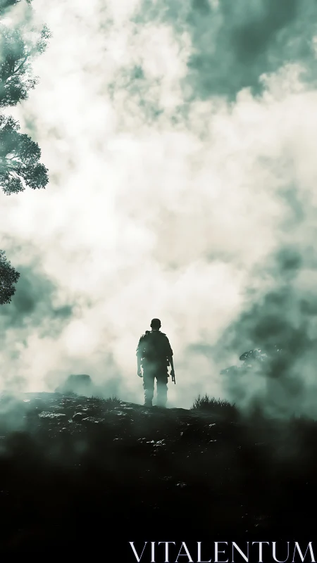 Solitary soldier cuts a path through ghost-thick morning fog