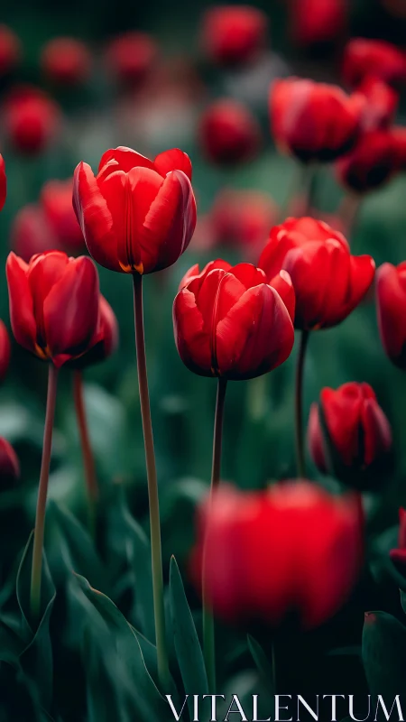 Red Tulips in Sharp Focus Against Blurred Garden Background