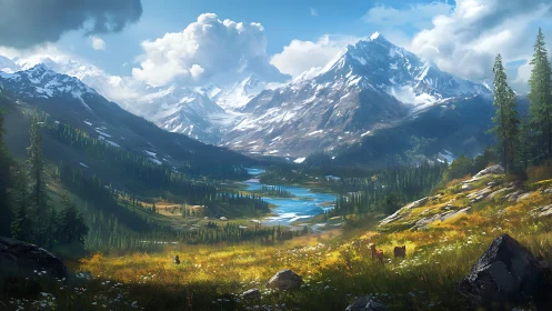 Sunlit alpine valley inviting wanderers into quiet wonder.