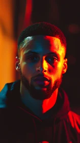 Warm portrait bathed in bold neon red and teal light glow.