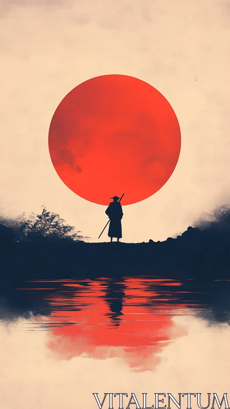Lone river ronin beneath a blazing crimson sun reflection.