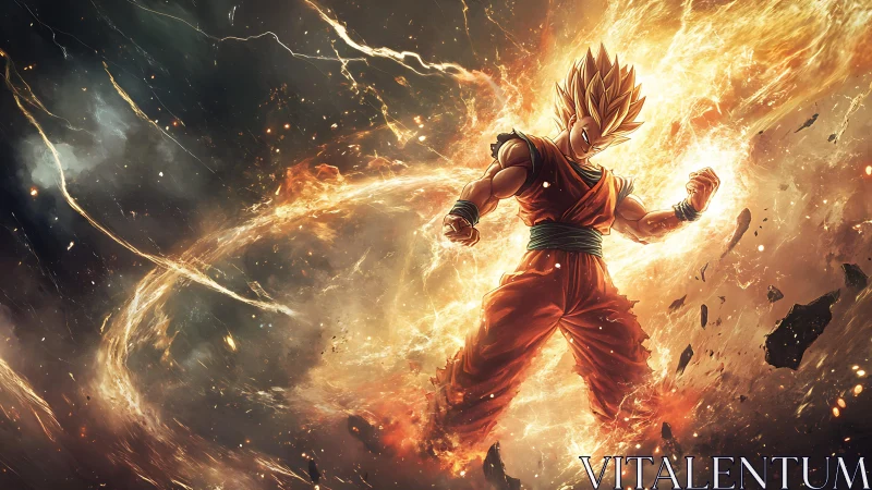 Blazing warrior stands in swirling cosmic firestorm of power