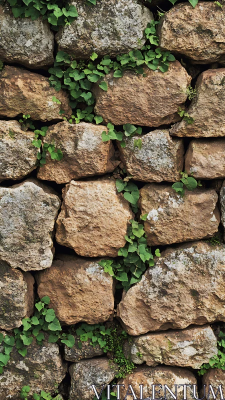 Weathered dry stone wall with mossy joints and creeping ivy