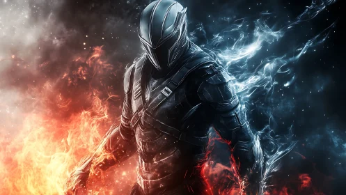 Bifurcated elemental cyber-knight in thermodynamic armor field.