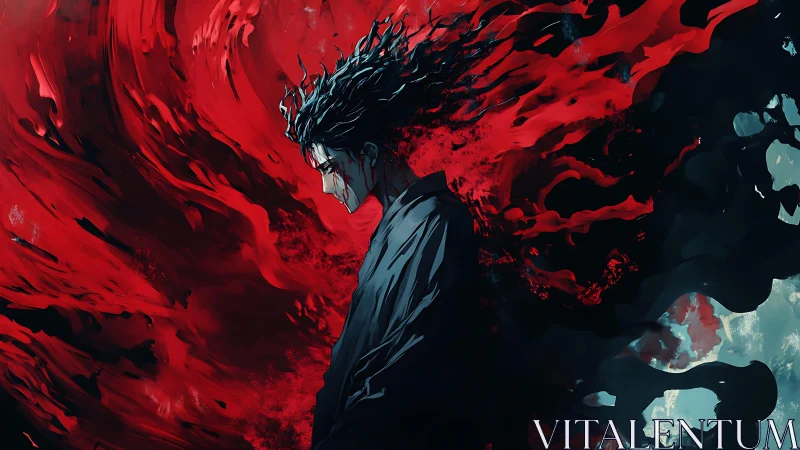 Solitary figure enveloped by turbulent red energy flow dynamics