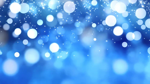Blue bokeh lights background with white glowing sparkles.