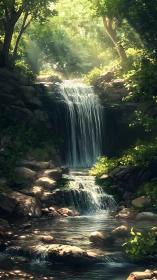 Forest stream with cascading waterfalls beneath dense tree canopy