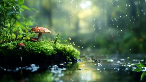 Mushrooms on mossy bank beside forest pond in rain.
