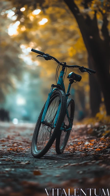Blue Bicycle Resting in Golden Autumn Light.