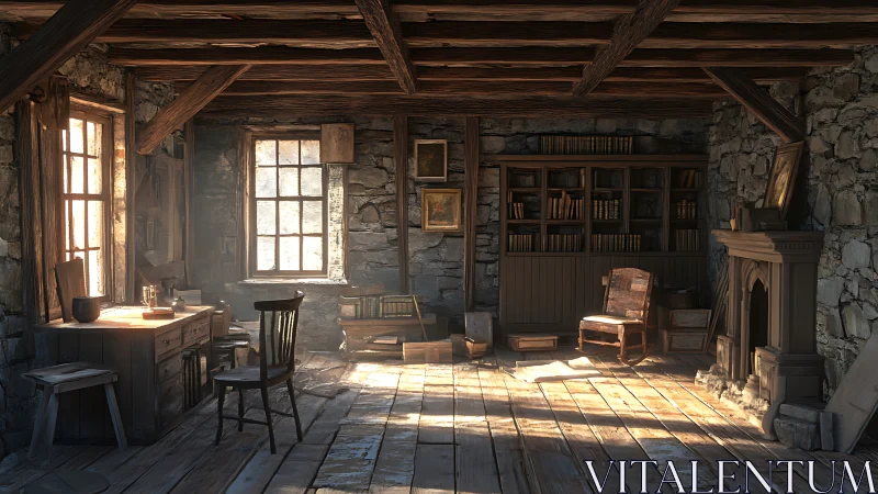 Sunlit stone study where dust, books, and silence converse.