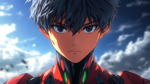 Anime pilot in red exosuit against cloudy sky backdrop.