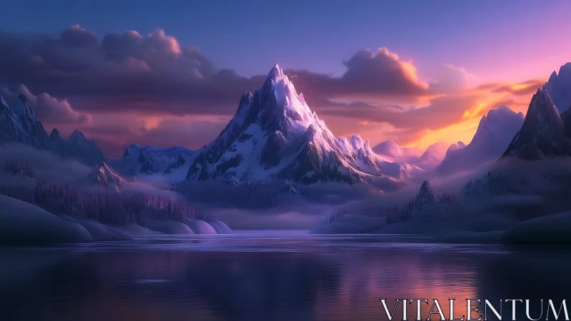 Snow-covered mountain range over calm reflective lake at dusk.