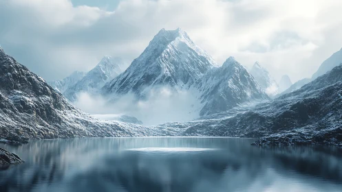 Quiet winter peaks mirrored on a glassy mountain lake.