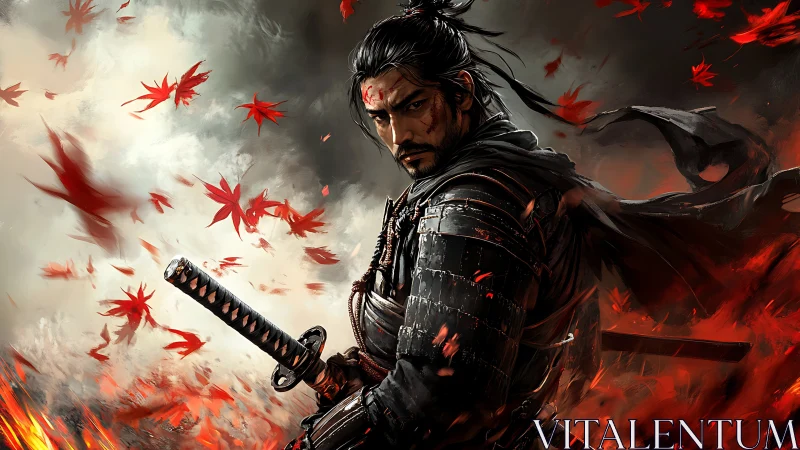 Ronin warrior stands amid burning leaves and storm sky.