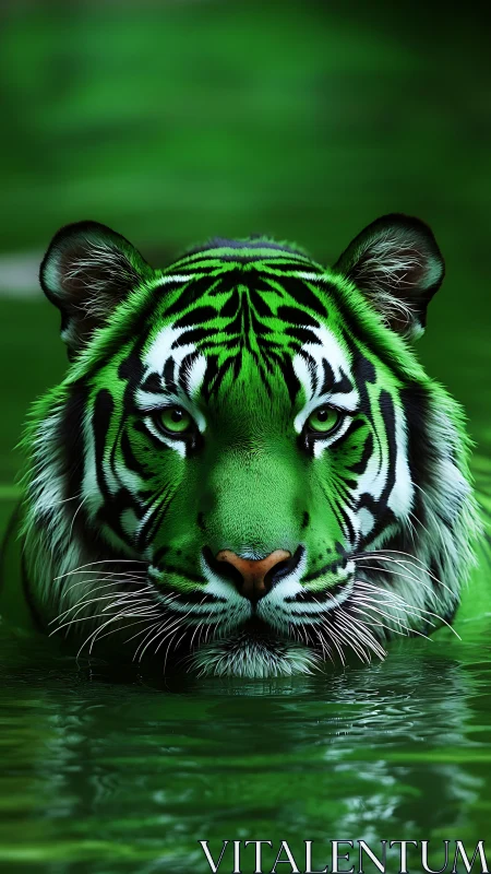 Photorealistic emerald tiger portrait in reflective water symmetry.