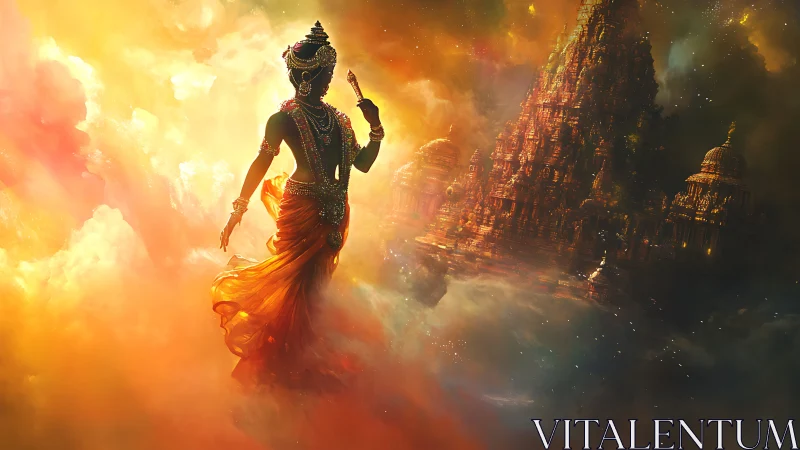 Digital painting of celestial dancer before radiant temple spires.