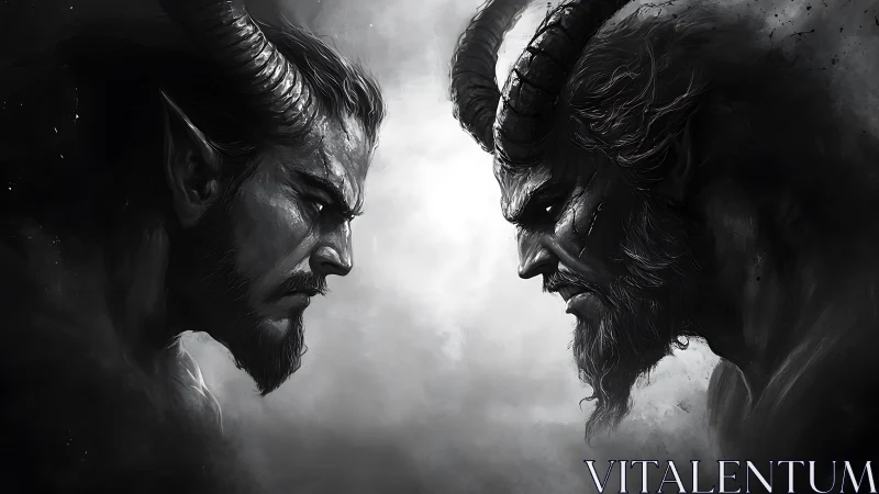 Horned humanoid warriors in monochrome face to face. Period.