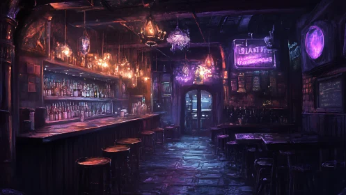 Neon-lit vintage bar interior with moody purple ambience.