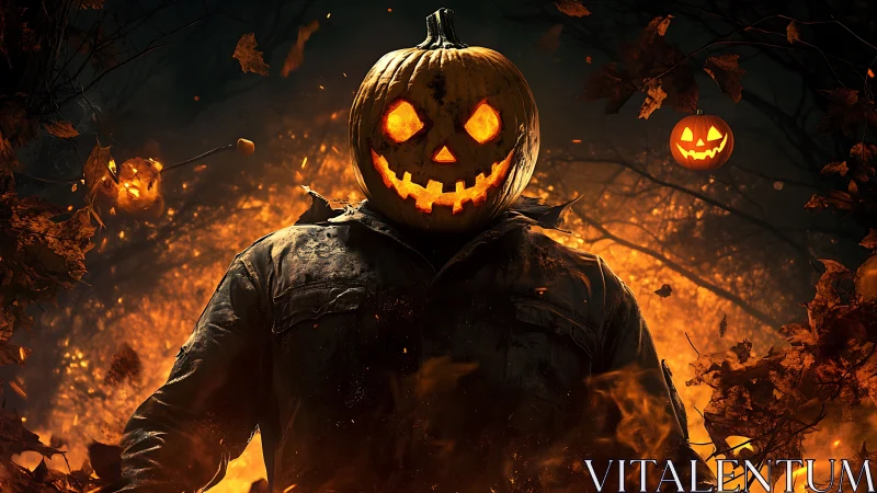 Pumpkin-headed figure in burning autumn forest at night.