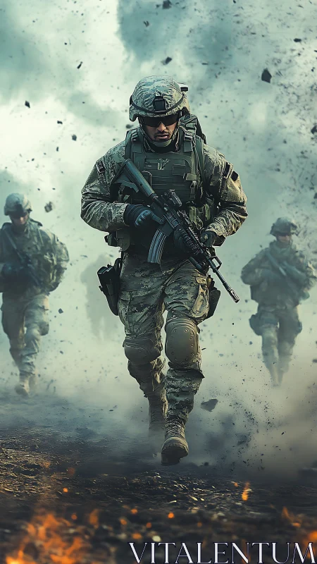 Tactical infantry squad advancing through battlefield blast haze