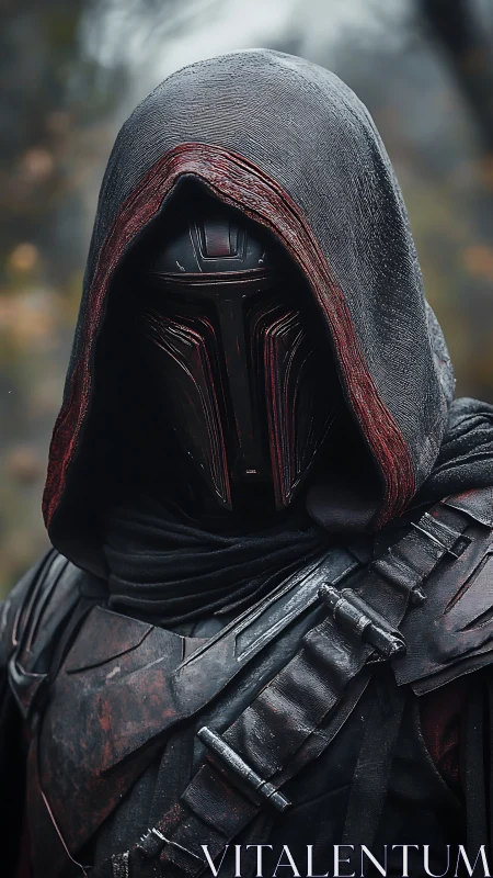 Hooded armored figure in dark cloak stands facing forward