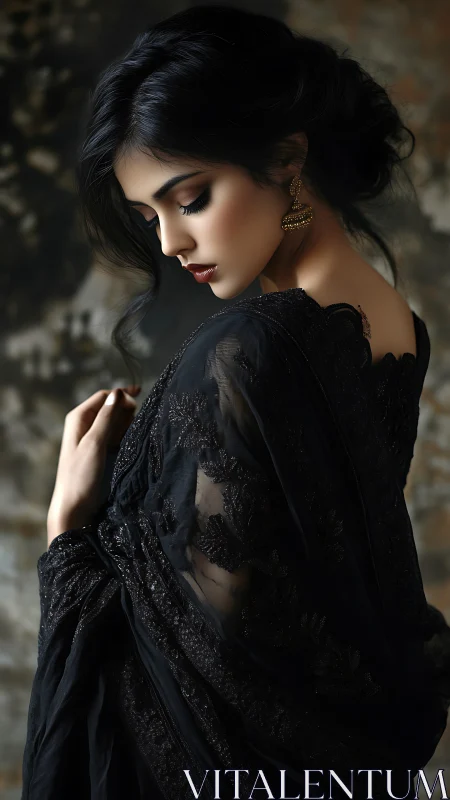 Brunette woman in black embroidered sari, soft side light