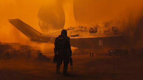 Dust-drenched wanderer strides toward a slumbering starship