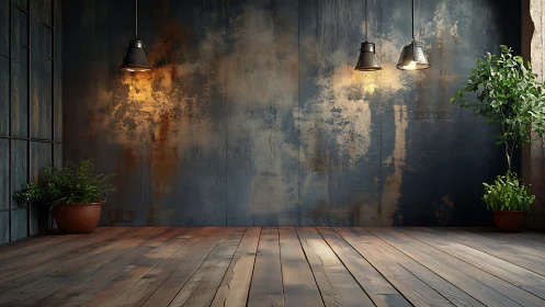 Industrial loft wall glows under warm pendant lights.