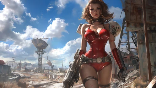 Postapocalyptic warrior in red armor crossing desert ruin.