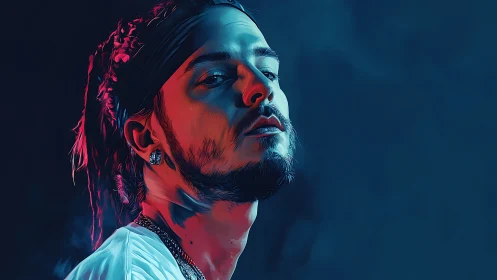 Digital neon portrait with cinematic side lighting and depth.