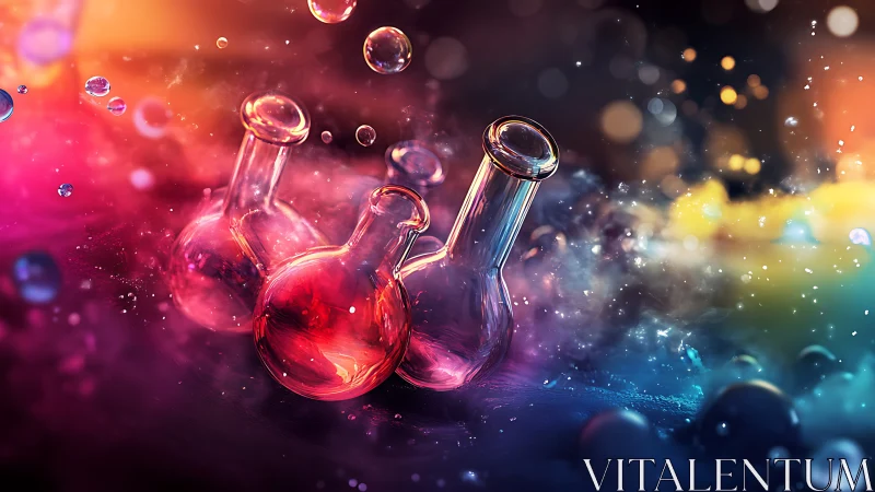 Glowing round flasks in colorful vapor and light field.