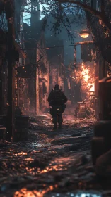 Soldier walks through burning alley with wet reflective ground
