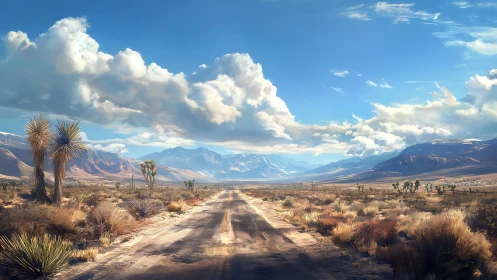 Desert road leading toward distant blue mountain range.