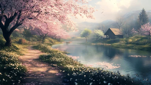 Gentle spring riverside path with cherry blossoms in bloom.