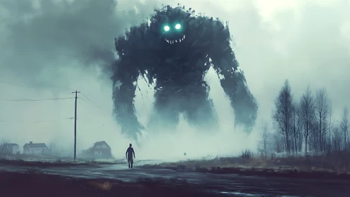 Fogbound colossus confronting lone wanderer in wasteland.