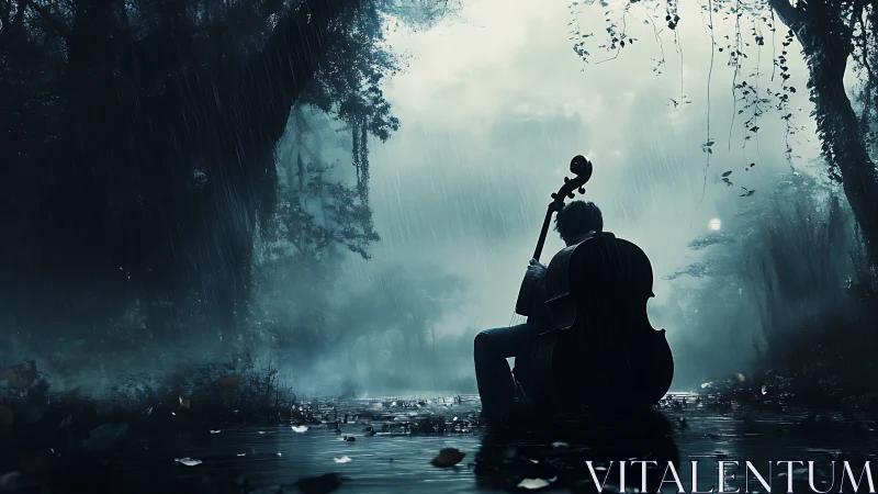 Rain-soaked forest musician lets a soulful cello song rise