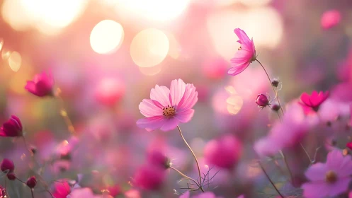 Soft sunrise over pink cosmos field in dreamy bokeh glow.