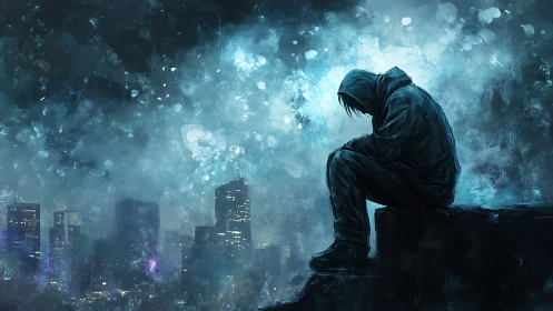 Solitary hooded figure overlooking neon city in stormy dusk