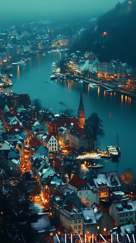 Riverside town presents illuminated streets beside winter harbor