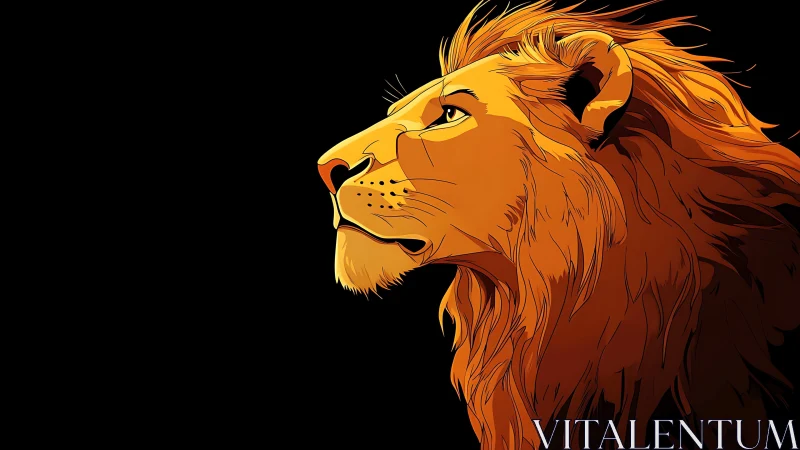 Majestic lion profile glows against stark black backdrop.