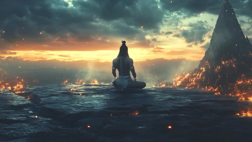 Digital painting of meditative figure before volcanic monolith.