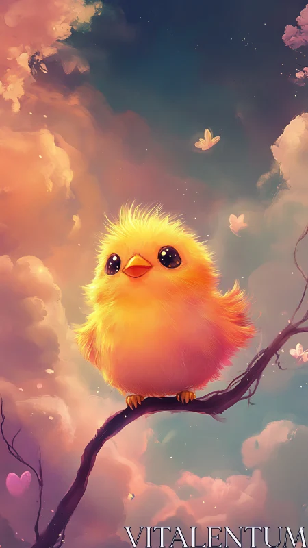 Fluffy dawn chick dreams quietly above the pastel clouds