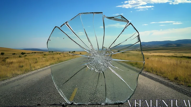 Shattered windshield circle interrupts linear rural roadway perspective
