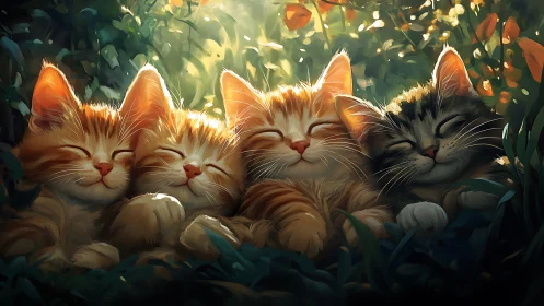 Four Digitally Rendered Cats with Closed Eyes Amid Illuminated Foliage