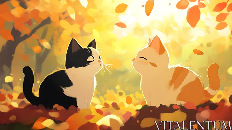 Two Cats Share Whispered Secrets Beneath Autumn's Golden Cascade