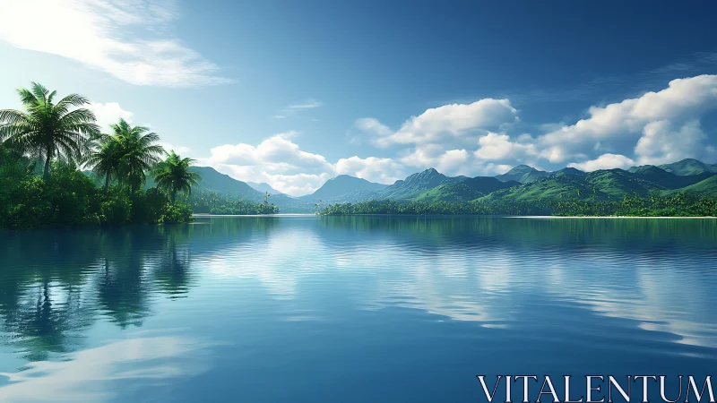 Tropical Lake with Mountain Range and Reflected Sky