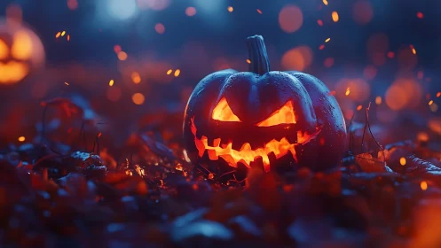 Glowing jack-o’-lantern with bokeh sparks in shallow-depth autumn field