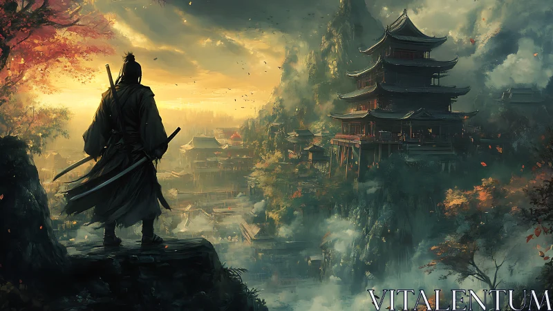 Lone samurai drinks sunrise over mist-wrapped mountain temple