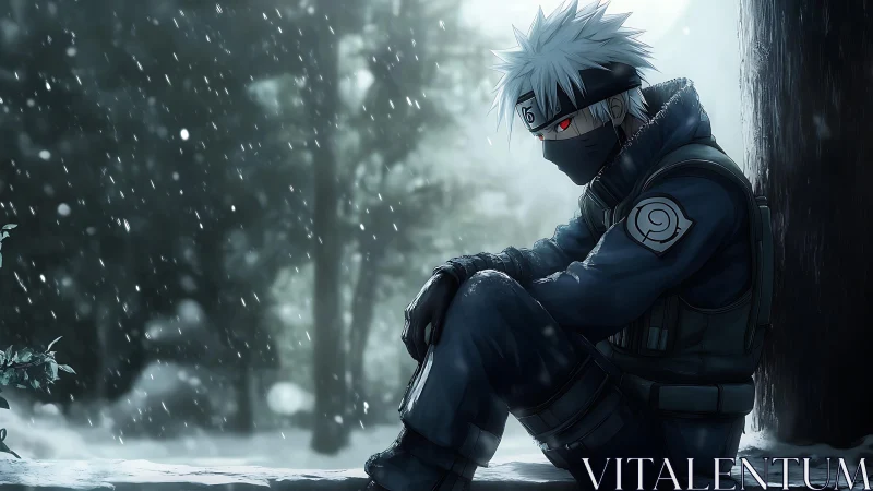 Snowy forest shinobi portrait with masked ninja in profile